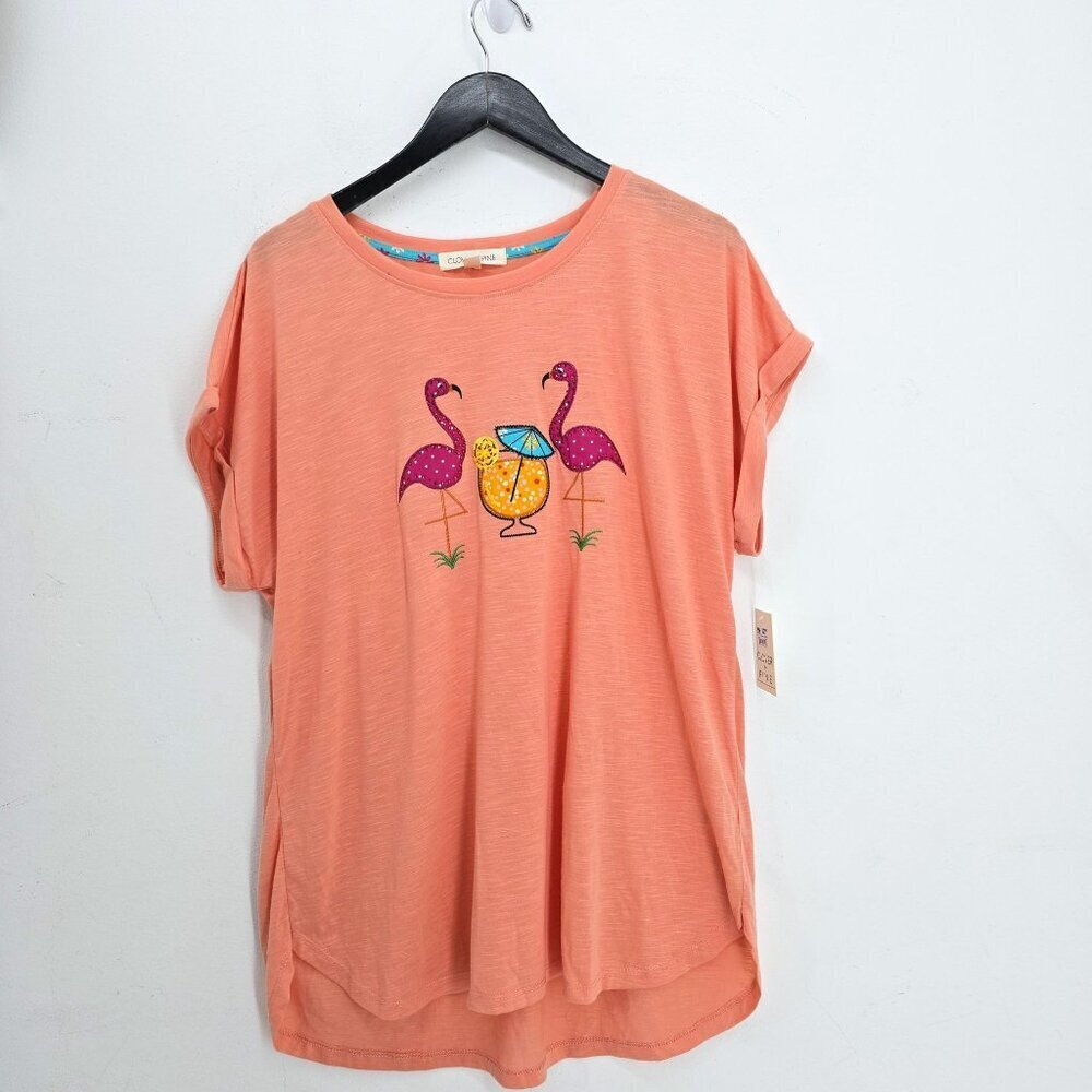 NWT Clover + Pine Orange Peach Flamingo Cocktail Embroidered Top Women XXL